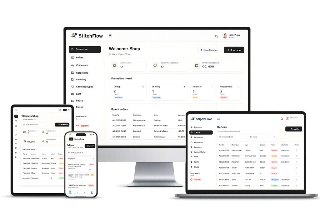 StitchFlow tailoring management app dashboard on multiple devices
