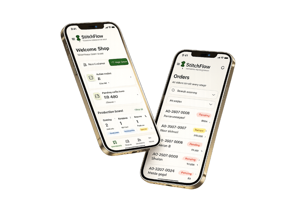 StitchFlow tailoring management app on multiple phones